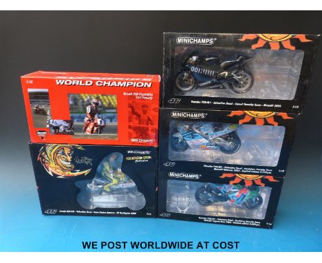 Five Minichamps 1:12 scale diecast model superbikes, one from the Valentino Rossi collection, all in original boxes