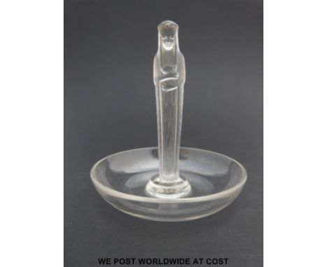 Lalique Statuette De La Fontaine glass pin/ ring dish featuring a girl with a posy of flowers in her arms to the centre, sign
