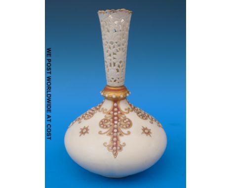 A Grainger & Co Royal Worcester jewelled and pierced vase (17cm tall)