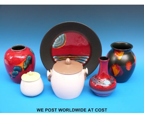 A Poole Pottery hand painted limited edition plate together with three Poole vases, one designed by Karen R. Ford for the V &