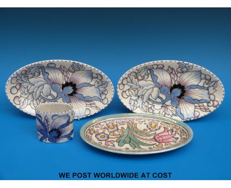 Four Bursley Ware Charlotte Rhead items including three oval dishes (one a pair that may be an unrecorded pattern) and a smal