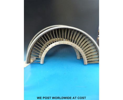 A pair of aircraft jet engine turbine blades, diameter 80.5cm, with attached Snecma paperwork with Air France strap, the part