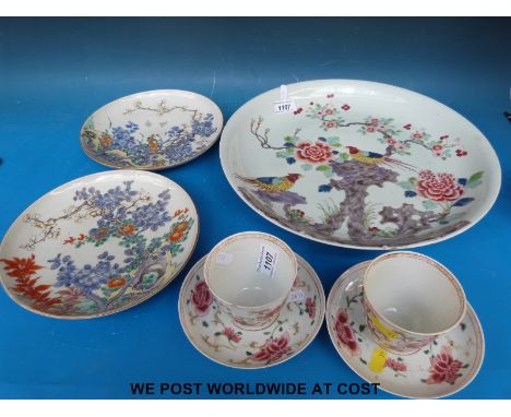 A large 19thC Chinese charger depicting birds and chrysanthemums (36cm diameter), a pair of Japanese plates and a pair of 19t