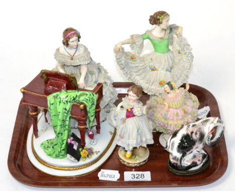 Four Continental lace figures together with an elephant form porcelain snuff box (a.f.)