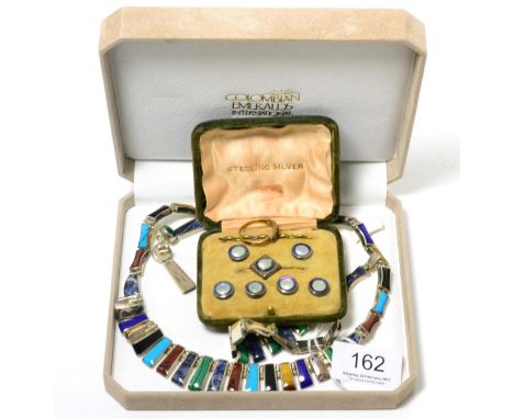 A hardstone set necklace, bracelet and pair of earrings, a Victorian 15ct gold gem set ring and a mother of pearl dress butto