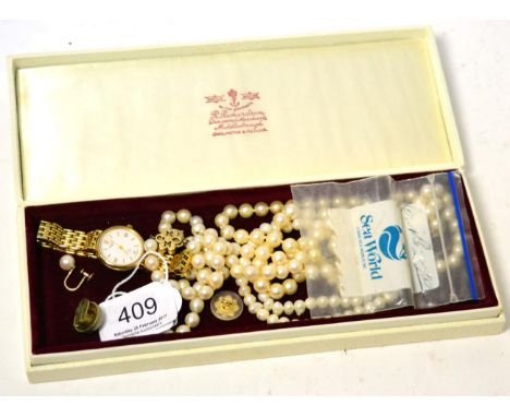 A cultured pearl necklace, two other pearl necklaces, a pair of cultured pearl earrings and a Rotary wrist watch