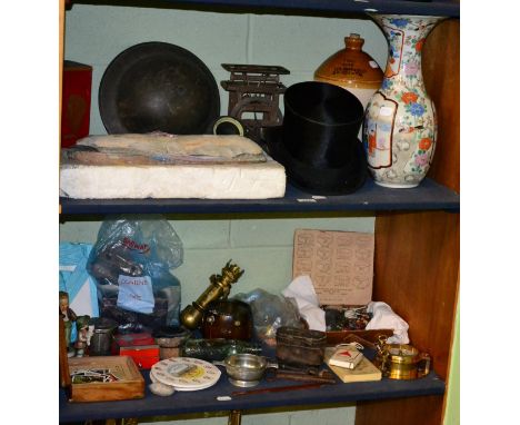 Three Goebel figures, a quantity of collector's items including a gas mask, military tin helmet, stoneware bottle, lead figur