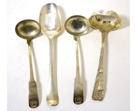 A pair of Scottish silver toddy ladles, Edinburgh 1818, a Hanoverian tablespoon and a later chased sifter ladle 5.7 ozt