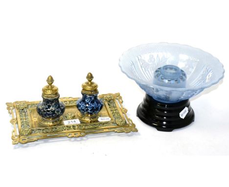 An Art Deco rose bowl on stand, an Edwardian brass inkstand with pottery inkwell 