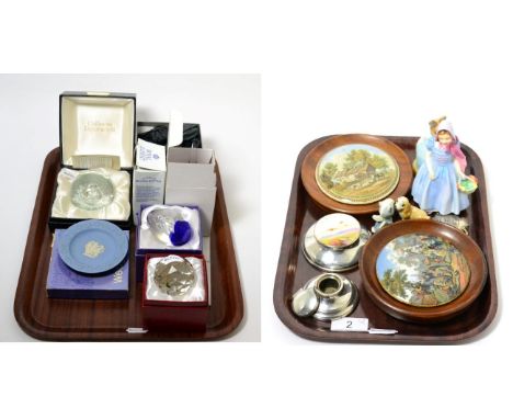 A group of miscellaneous items including silver decanter labels, silver capstan inkwell, Prattware pot lids, Caithness paperw