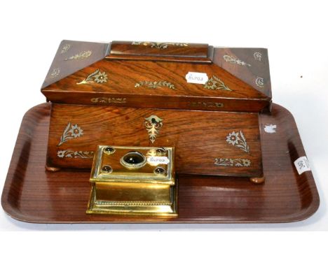 A 19th century banded agate cabochon mounted brass inkwell together with a Regency sarcophagus form mother of pearl inlaid ro