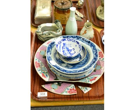 Assorted 18th/19th/20th century Chinese ceramics Octagonal blue and white plate with small patch of withdrawn glaze. Large fa