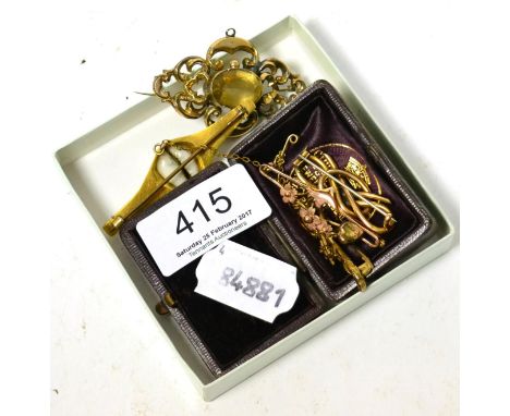 A carved cowry shell brooch, an opal brooch, a citrine brooch and two other brooches29.67g gross