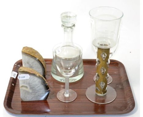 A pair of modern Lalique glass goblets, a Wedgwood decanter with stopper, a large glass and metal goblet and a pair of geode 