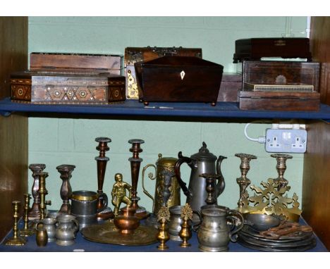 A quantity of late 18th, 19th century and later metal wares including pewter plates, tankards, quaich, silver plated candlest