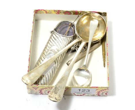 A pair of silver ladles, Newcastle silver spoon, S.Mordan silver pencil, another pencil and a spectacles holder 5.6 ozt