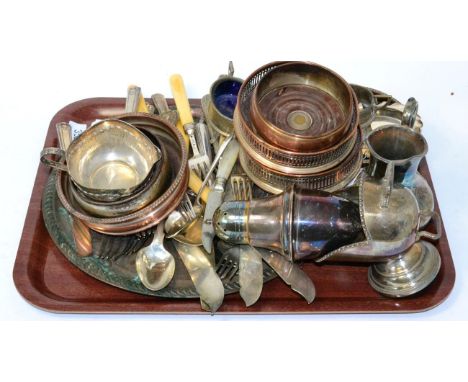 A quantity of plated items mainly cutlery and also decanter stand etc 