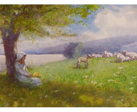 HUTTON MITCHELL (1872-1939), LANDSCAPE WITH YOUNG GIRL AND LAMBS, SIGNED, WATERCOLOUR, 54.5 X 36.5CM.