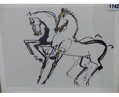 AFTER LORENZO CASCIO, SICILLIAN B.1940. ABSTRACT DEPICTION OF PREFORMING HORSES. NUMBERED EDITION LITHOGRAPH 32/500, SIGNED I