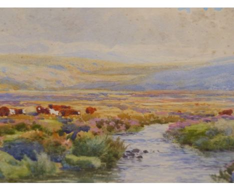 WILLIAM SNELL MORRISH (1844-1917), MOORLAND SCENE WITH CATTLE AND MOORLAND SCENE WITH BRIDGE, THE FIRST SIGNED WITH MONOGRAM,