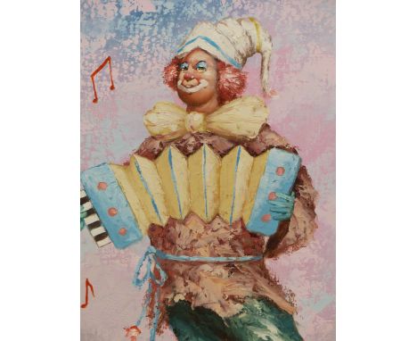 W. MONINET (20TH CENTURY), A CLOWN PLAYING AN ACCORDION, SIGNED, ACRYLIC ON CANVAS, 39.5 X 50CM.