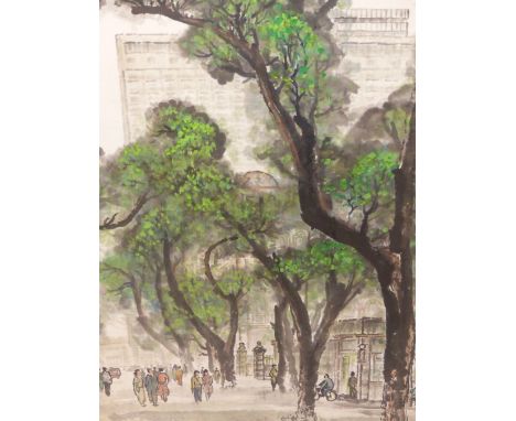 20TH C. CHINESE SCHOOL, SHAMIEN WITH FIGURES BELOW GREEN TREES, WATERCOLOUR, SEAL MARK IN RED. 68 X 57CMS. TOGETHER WITH ANOT