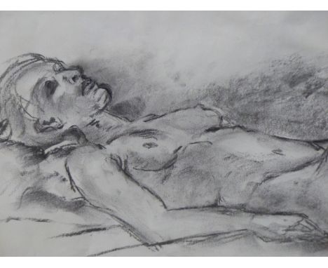 CONTEMPORARY 20TH C. A RECUMBANT NUDE SKETCH ENTITLED "PEACFUL BODY-PEACFUL MIND". GRAPHITE ON PAPER, 28 X 40 CM