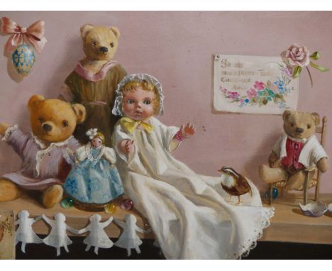 DEBORAH JONES (1921-2012) ARR, TEDDY BEARS AND DOLLS ON A SHELF, SIGNED AND DATED 1982, OIL ON CANVAS, 75.5 X 49.5CM. DEBORAH