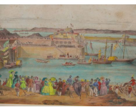 D' AUBERT &amp; CIE, 19THC. LANDING OF QUEEN VICTORIA IN VICTORIA HARBOUR JERSEY. HAND COLOURED LITHOGRAPH, 30 X 45 CM.