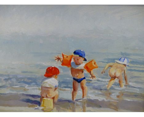 PAULINE BROWN (20TH CENTURY), CHILDREN PLAYING ON A BEACH, SIGNED, OIL ON BOARD, 24 X 19CM, TOGETHER WITH A WATERCOLOUR ON A 