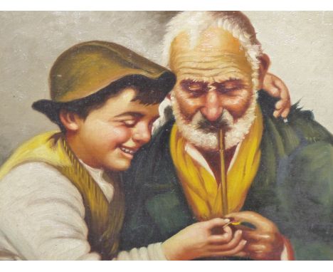 EUROPEAN SCHOOL (20TH CENTURY), YOUNG BOY HELPING AN OLD MAN TO LIGHT HIS PIPE, INDISTINCTLY SIGNED, OIL ON BOARD, 38 X 28.5C
