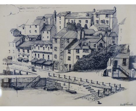 HAMLETT RUSSELL, BRITISH 20TH C. PAIR OF BRIXHAM VIEWS DATED 1937. INK SKETCH, 18 X 23 CM.