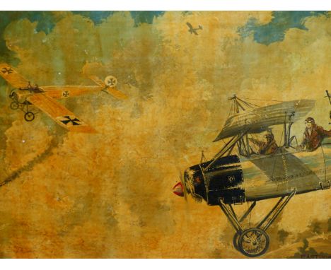 JOHN EASTHOPE (20TH CENTURY), A FIRST WORLD WAR DOGFIGHT WITH A&nbsp; GERMAN PLANE, SIGNED, OIL ON BOARD, UNFRAMED, 35 X 24CM