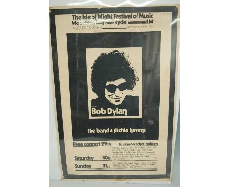 An Isle Of Wight Festival poster, 29th, 30th and 31st August 1969 with artists to include Bob Dylan, The Who, Joe Cocker and 