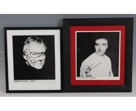 Roger Taylor, a black and white portrait photograph of the Queen drummer, humorously signed in black ink as a pair of spectac