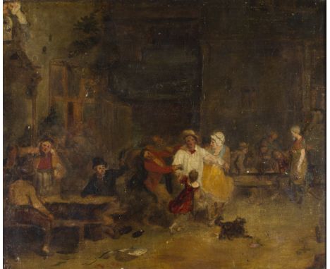 Framed, unsigned, oil on canvas, 19th Century interior genre scene, showing figures merrymaking and playing with small dog, s