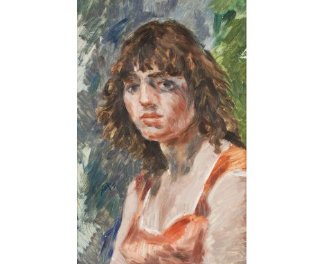 FRANCIS RUDOLPH (1921 - 2005) Framed, signed, dated '77, oil on board, bust length portrait of a woman in salmon sleeveless t