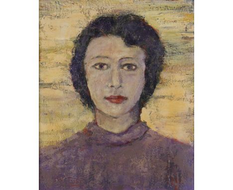 Framed, indistinctly signed, 20th Century Russian School, oil on board, bust length portrait of a woman with purple top and s