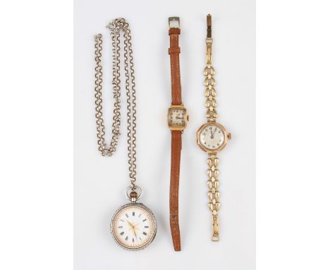 A lot to include a silver crown wind fob watch, the white enamel dial having hourly Roman numeral markers with minute track b
