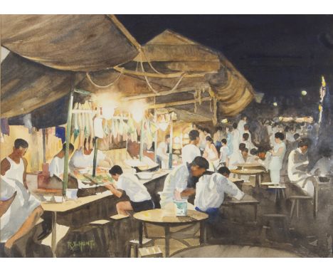 R. S. HUNT. Framed, signed, 20th Century watercolour on paper, busy Oriental mainland Asian street scene with food stalls and