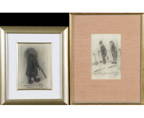 Two framed, unsigned, Northern School, pencil sketches, one dated 1949, inscribed 'Old man walking', showing a man with walki