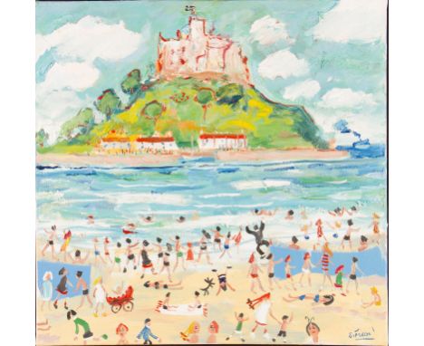 SIMEON STAFFORD (b.1956) Unframed, signed, Naive oil on canvas, busy Cornish beach scene with figures playing in the sea and 