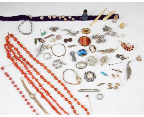 A lot of various costume jewellery to include brooches, imitation pearls, stick pins, micro-mosaic cufflinks, beads, wrist wa