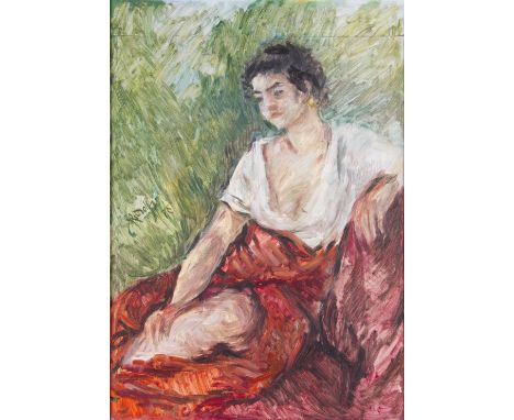 FRANCIS RUDOLPH (1921 - 2005) Framed, signed, dated '78, oil on panel, three quarter length portrait of a seated woman, in wh