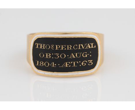 A Georgian yellow metal mourning ring, the rounded rectangular black enamel head having the inscription 'Thos Percival OB : '