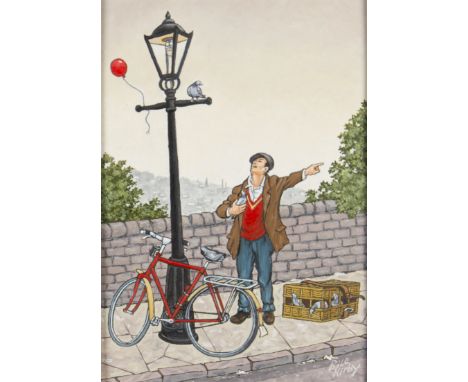 BILL KIRBY (b. 1934) Framed, signed, acrylic on board, Northern School, street scene with figure clutching a pigeon, pointing