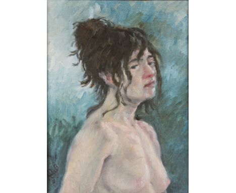 FRANCIS RUDOLPH (1921 - 2005) Framed, signed, dated 2000, oil on canvas, bust length portrait of a nude woman with dark hair 