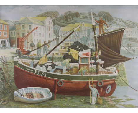 DAVID GENTLEMAN (b. 1930) Framed, coloured lithograph on paper, titled, 'Cornish Pilchard Boat', fishermen on boat at Cornish