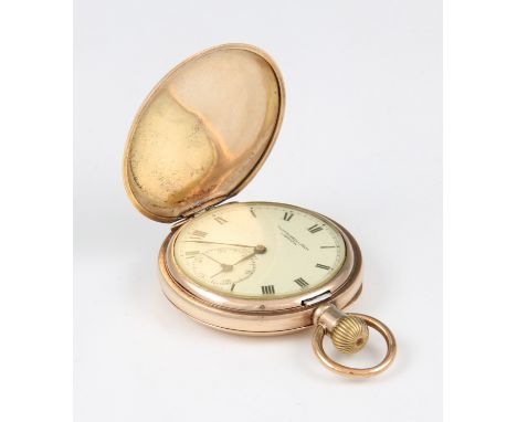 A gold plated Thomas Russell & Son crown wind full hunter pocket watch, the white enamel dial having hourly Roman numeral mar