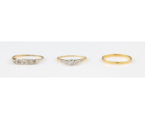 A lot to include an 18ct yellow gold diamond ring, set with five eight-cut diamonds set into a platinum head, stamped 18ct PL